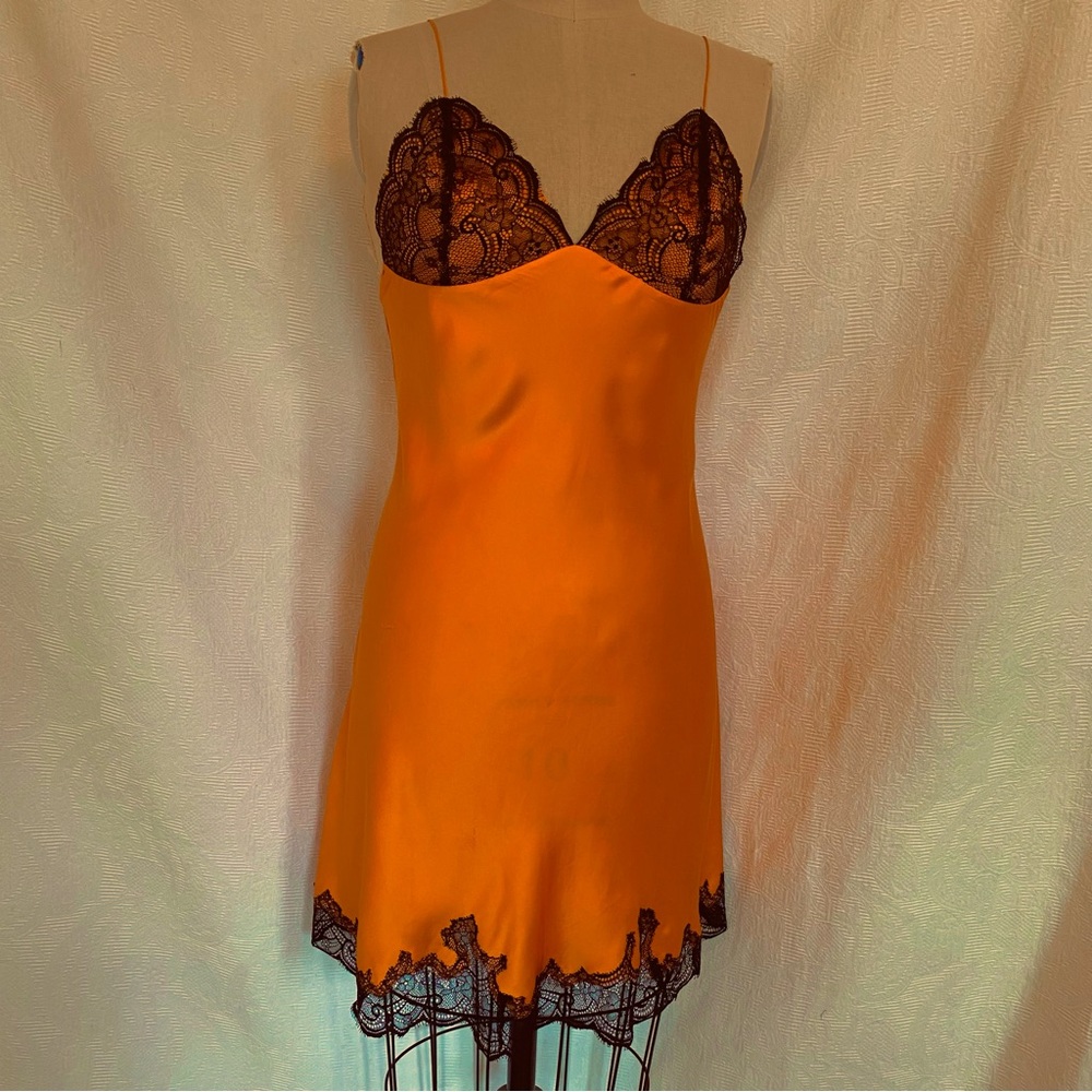 Pure silk XS/ S chemise/slip melon orange with black trim.